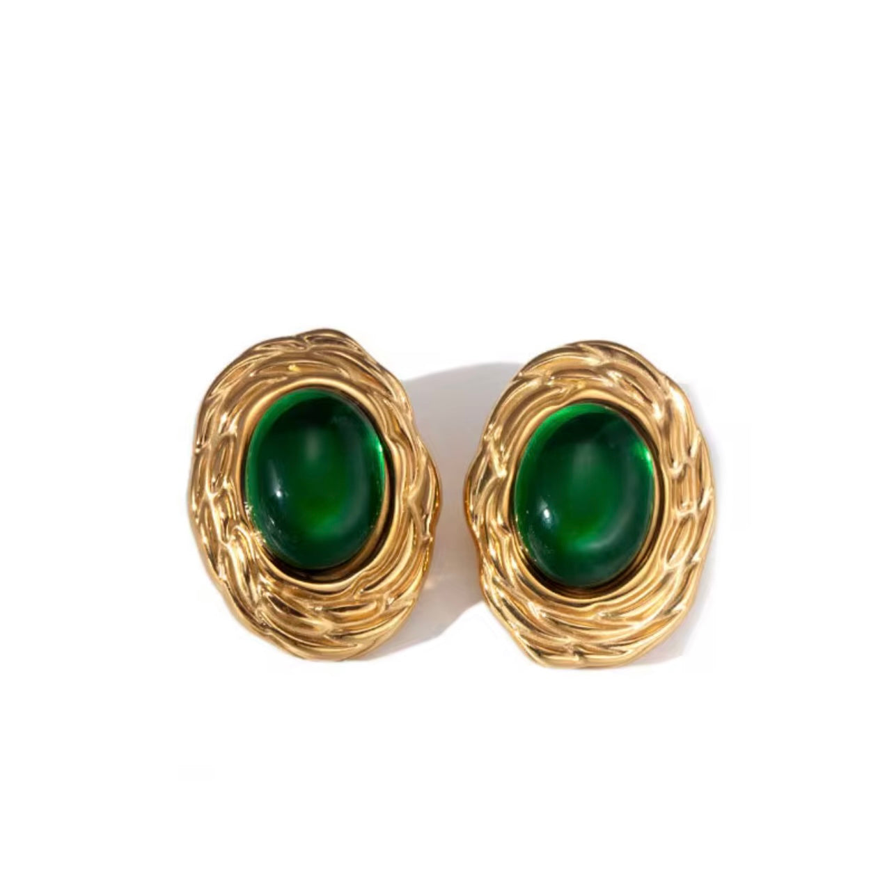 Vintage Oval Stud Earrings With Emerald Green Stone